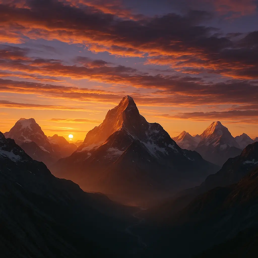 Epic mountain range at golden hour with sharp triangular peaks, orange light on rock faces and deep shadows