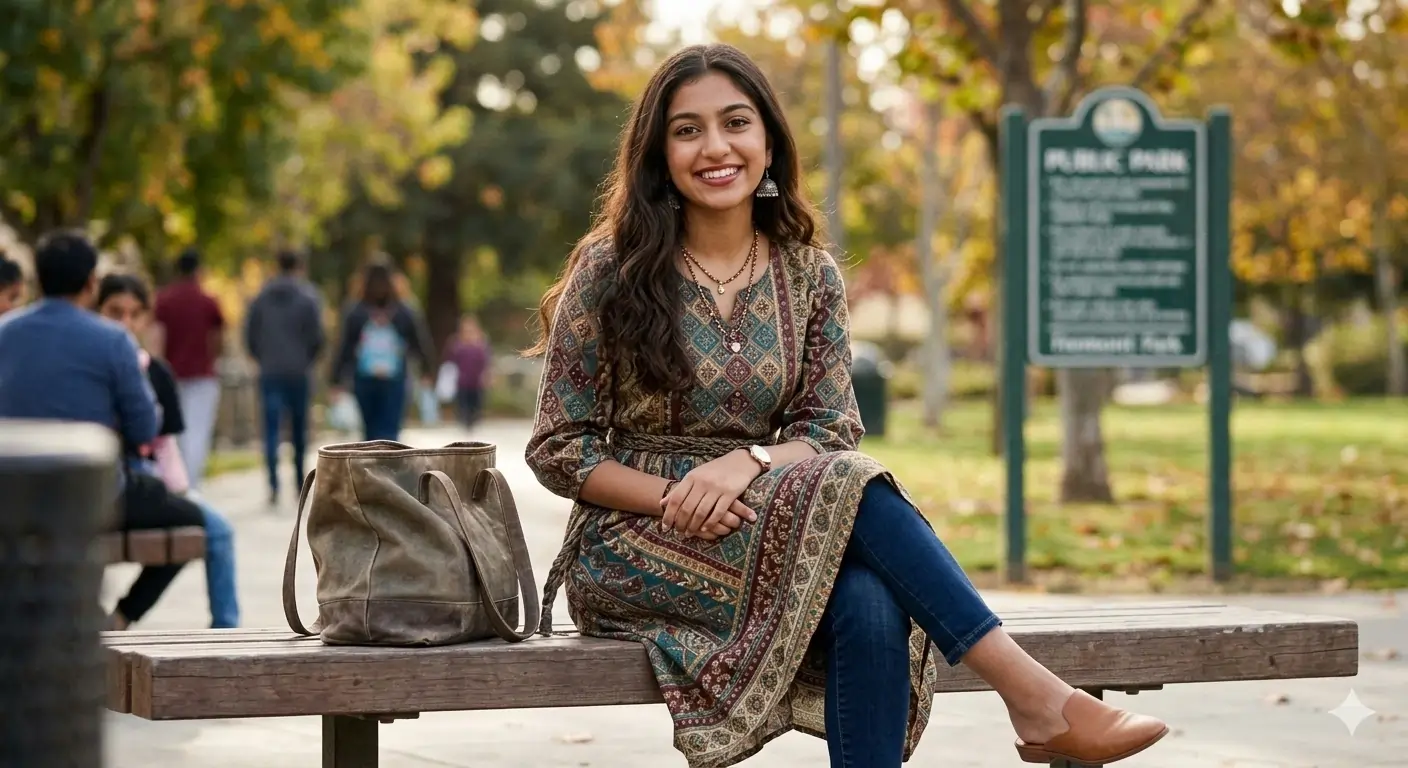 a woman sitting on a bench in a park